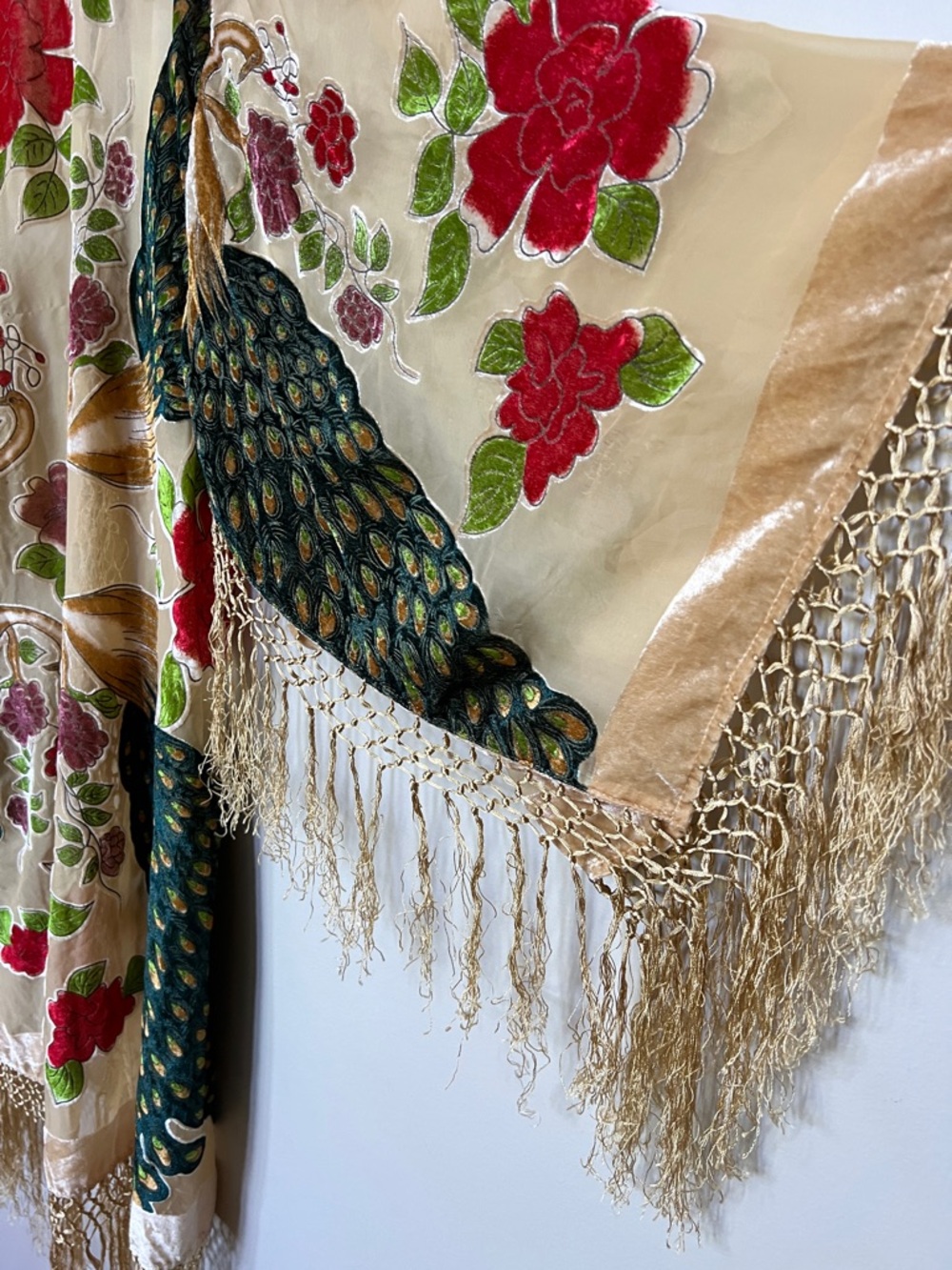 Peacock Burnout Velvet Fringe Kimono Robe Boho Festival BeigeTeal Silk Duster OS - Picture 6 of 14